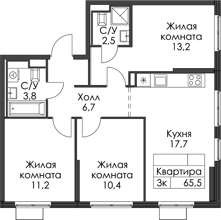 3-комнатная квартира 65.5 м², 8/15 эт., ЖК «Заречный парк»